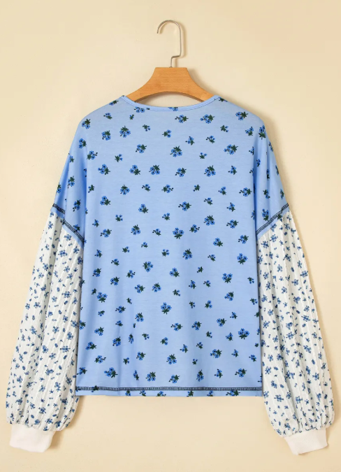 RTS Sky Blue Floral Print Contrast Long Sleeve Top