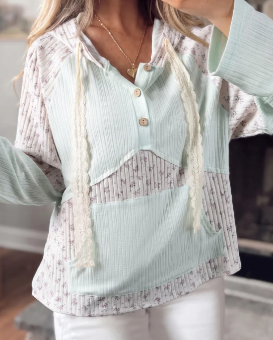 RTS Aqua Textured Floral Patchwork Button Hooded Long Sleeve Top