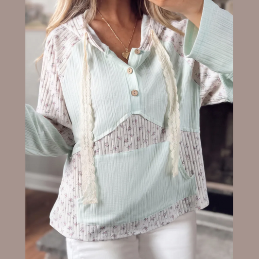 RTS Aqua Textured Floral Patchwork Button Hooded Long Sleeve Top