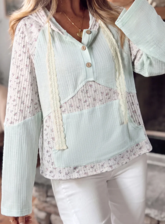 RTS Aqua Textured Floral Patchwork Button Hooded Long Sleeve Top