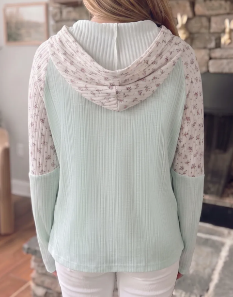 RTS Aqua Textured Floral Patchwork Button Hooded Long Sleeve Top