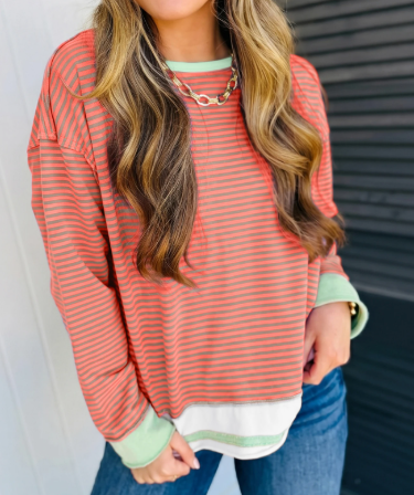 RTS Orange Stripe Colorblock Detail Raw Seam Long Sleeve Top