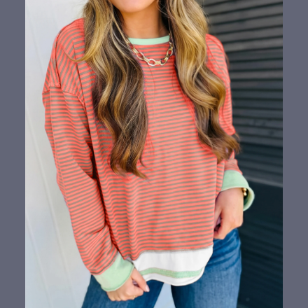 RTS Orange Stripe Colorblock Detail Raw Seam Long Sleeve Top
