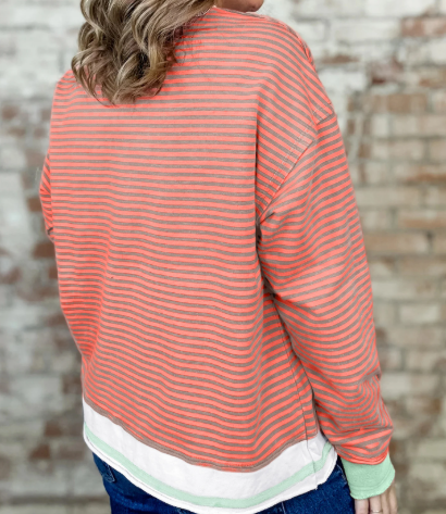 RTS Orange Stripe Colorblock Detail Raw Seam Long Sleeve Top