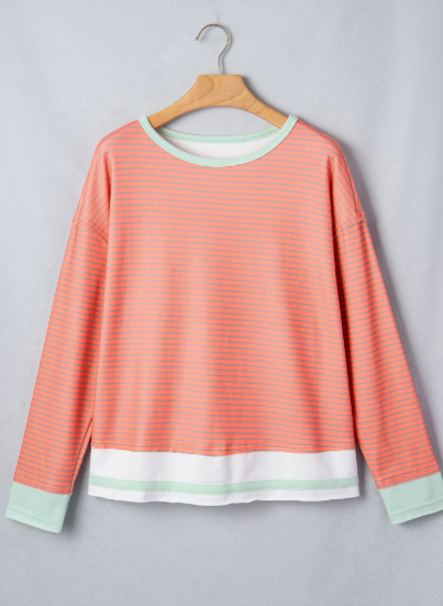 RTS Orange Stripe Colorblock Detail Raw Seam Long Sleeve Top