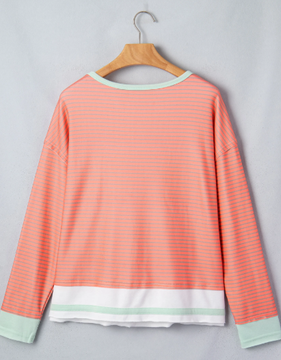 RTS Orange Stripe Colorblock Detail Raw Seam Long Sleeve Top