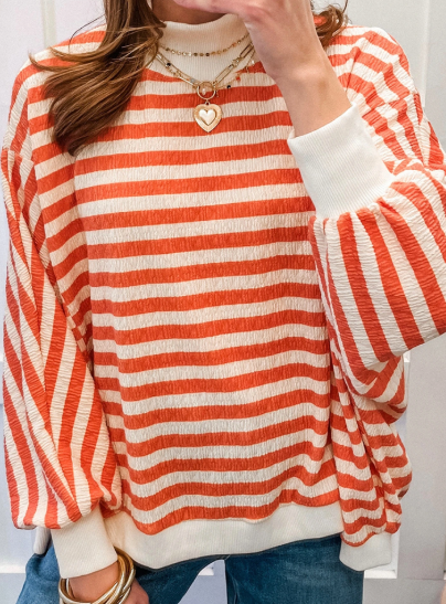 RTS Orange Stripe Striped Textured Stand Neck Oversized Long Sleeve Top