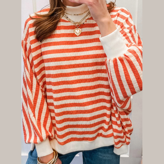 RTS Orange Stripe Striped Textured Stand Neck Oversized Long Sleeve Top