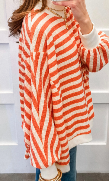RTS Orange Stripe Striped Textured Stand Neck Oversized Long Sleeve Top