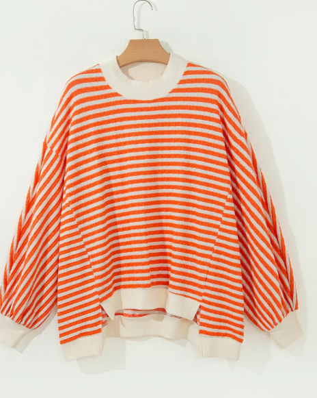 RTS Orange Stripe Striped Textured Stand Neck Oversized Long Sleeve Top