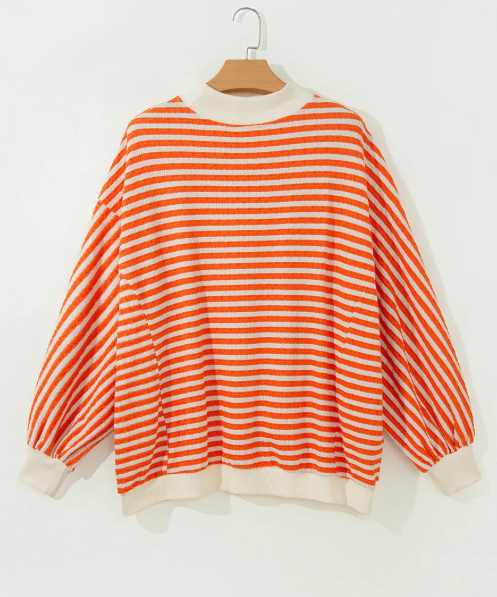 RTS Orange Stripe Striped Textured Stand Neck Oversized Long Sleeve Top