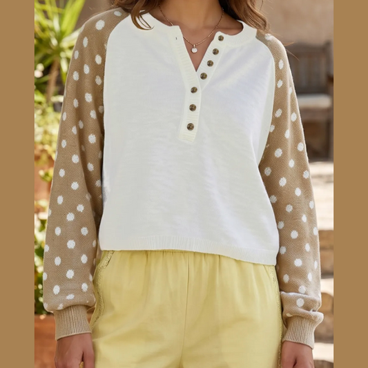 RTS Khaki Polka Dot Contrast Long Sleeve Button V Neck Sweater