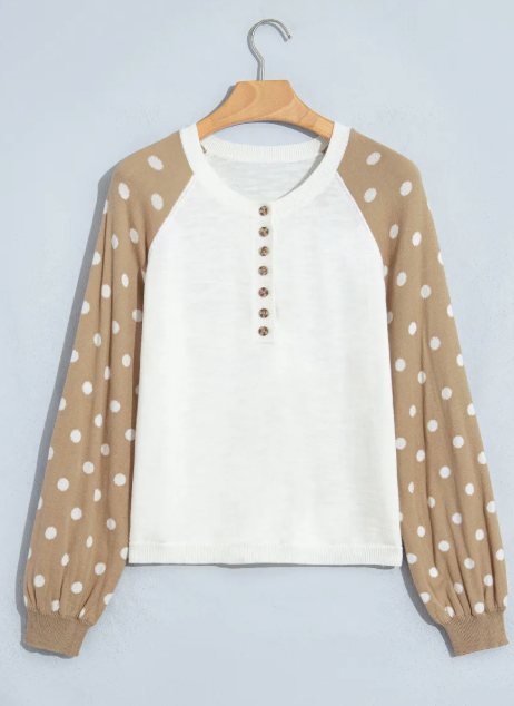 RTS Khaki Polka Dot Contrast Long Sleeve Button V Neck Sweater