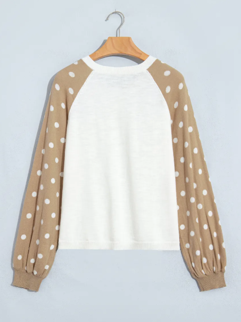 RTS Khaki Polka Dot Contrast Long Sleeve Button V Neck Sweater