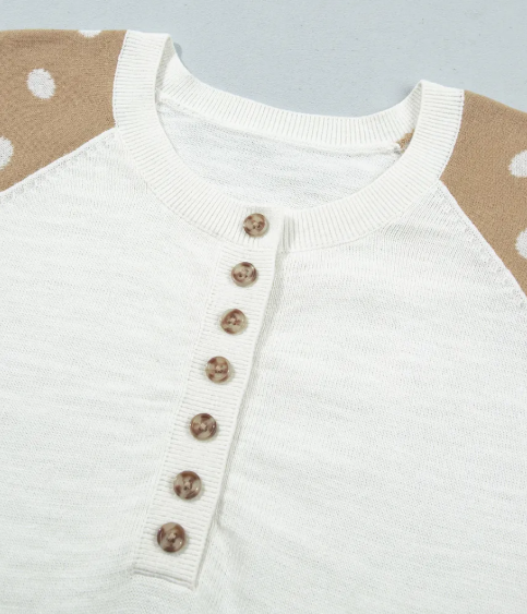 RTS Khaki Polka Dot Contrast Long Sleeve Button V Neck Sweater