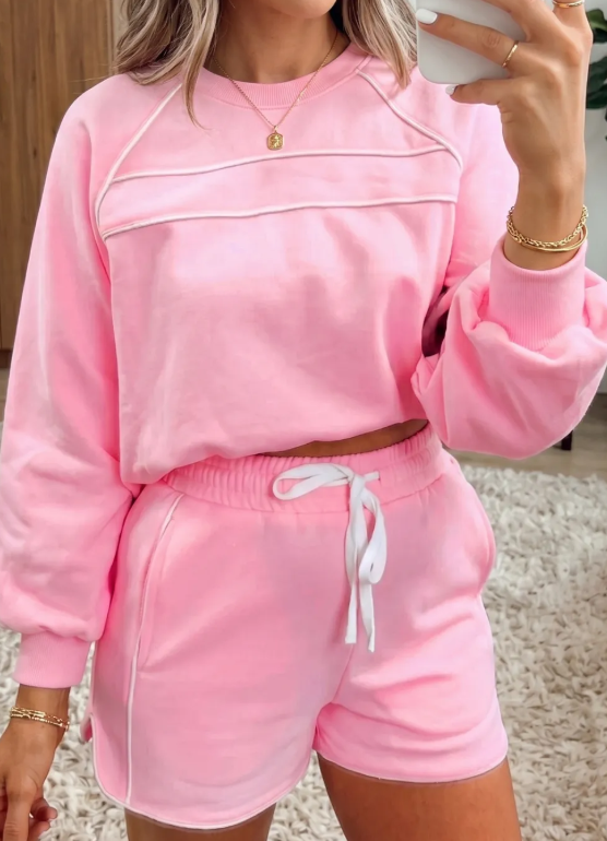 Agnes Pink Piping Trim Long Sporty Pullover Drawstring Elastic Waist Shorts Set