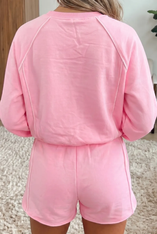 Agnes Pink Piping Trim Long Sporty Pullover Drawstring Elastic Waist Shorts Set