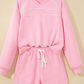 Agnes Pink Piping Trim Long Sporty Pullover Drawstring Elastic Waist Shorts Set