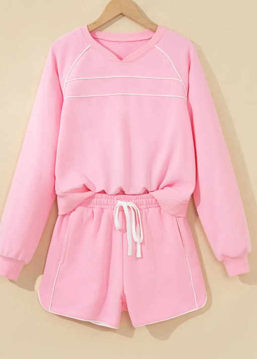 Agnes Pink Piping Trim Long Sporty Pullover Drawstring Elastic Waist Shorts Set
