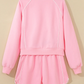 Agnes Pink Piping Trim Long Sporty Pullover Drawstring Elastic Waist Shorts Set