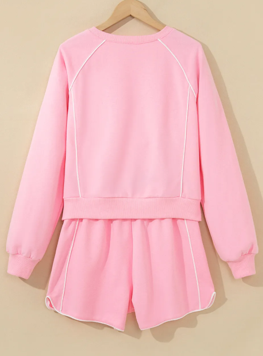 Agnes Pink Piping Trim Long Sporty Pullover Drawstring Elastic Waist Shorts Set