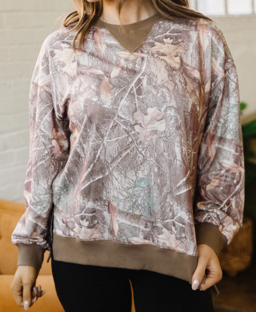 Cambree Brown Abstract Camo Print Color Block Detail Baggy Pullover Sweatshirt