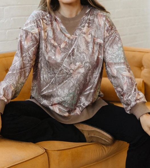 Cambree Brown Abstract Camo Print Color Block Detail Baggy Pullover Sweatshirt