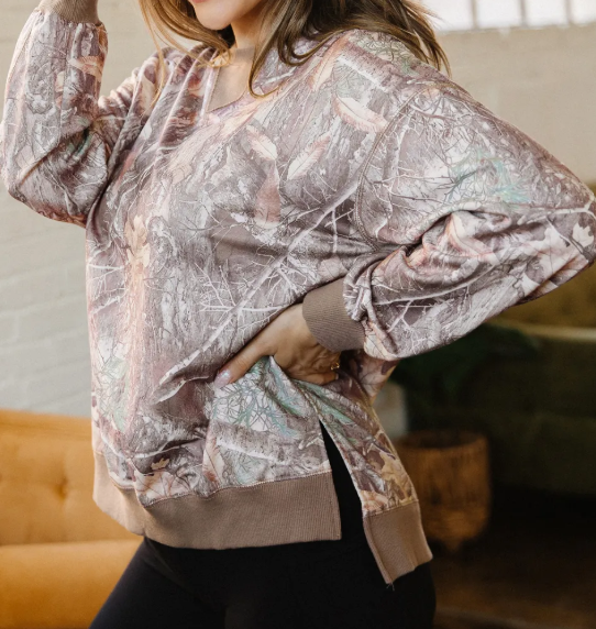 Cambree Brown Abstract Camo Print Color Block Detail Baggy Pullover Sweatshirt