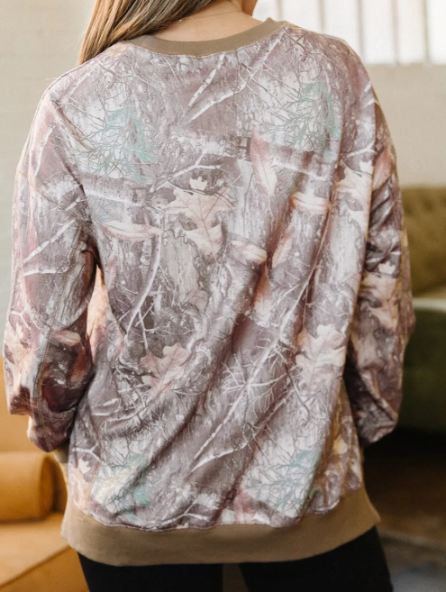 Cambree Brown Abstract Camo Print Color Block Detail Baggy Pullover Sweatshirt