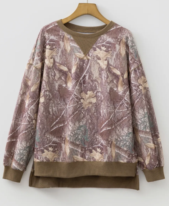 Cambree Brown Abstract Camo Print Color Block Detail Baggy Pullover Sweatshirt