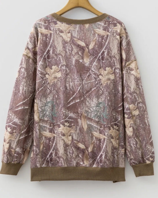 Cambree Brown Abstract Camo Print Color Block Detail Baggy Pullover Sweatshirt