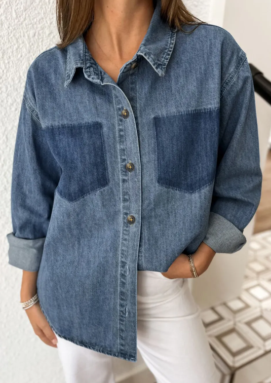 Raquel Sky Blue Color Block Pocket Detail Casual Button Down Denim Shirt