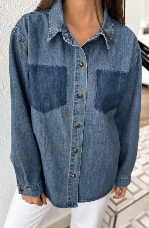 Raquel Sky Blue Color Block Pocket Detail Casual Button Down Denim Shirt