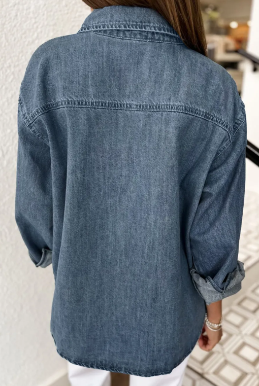 Raquel Sky Blue Color Block Pocket Detail Casual Button Down Denim Shirt