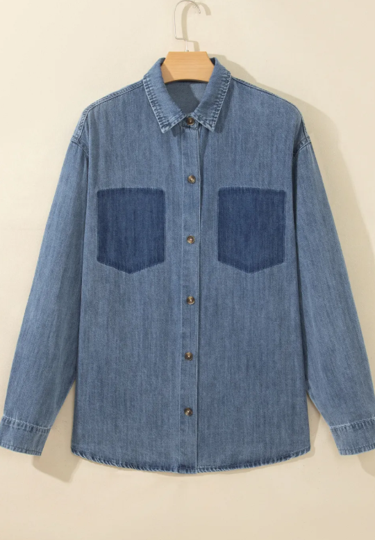 Raquel Sky Blue Color Block Pocket Detail Casual Button Down Denim Shirt
