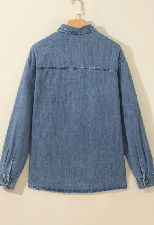 Raquel Sky Blue Color Block Pocket Detail Casual Button Down Denim Shirt