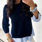 Letta Navy Blue Drop Shoulder Long Sleeve Striped Pullover Sweater