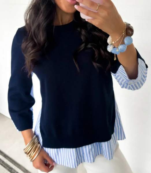 Letta Navy Blue Drop Shoulder Long Sleeve Striped Pullover Sweater