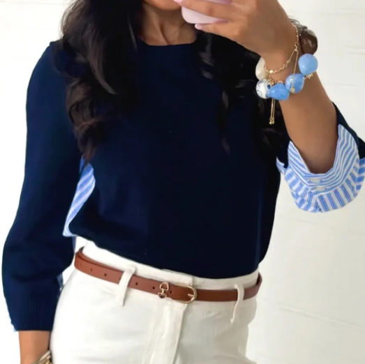 Letta Navy Blue Drop Shoulder Long Sleeve Striped Pullover Sweater