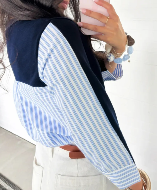 Letta Navy Blue Drop Shoulder Long Sleeve Striped Pullover Sweater