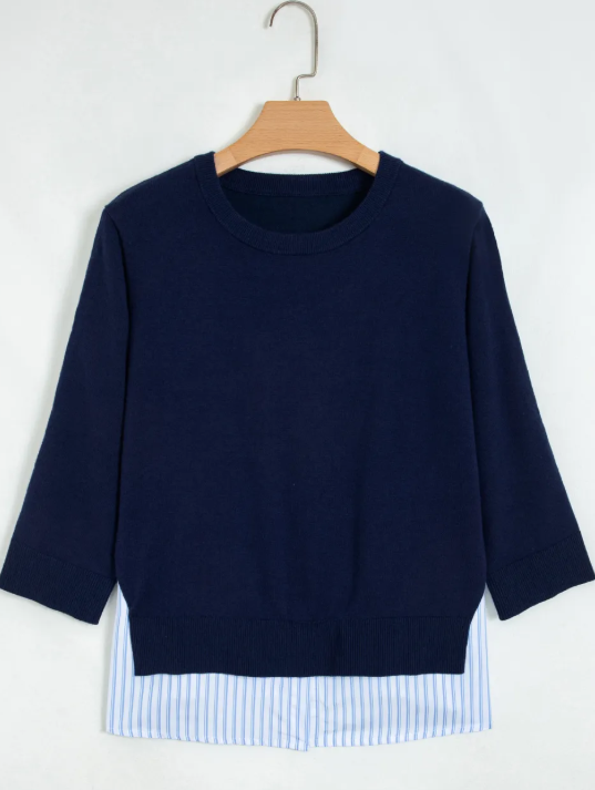 Letta Navy Blue Drop Shoulder Long Sleeve Striped Pullover Sweater