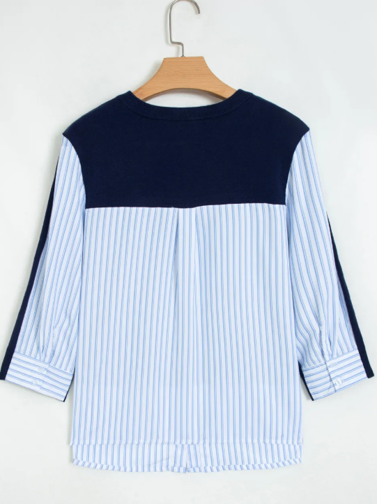Letta Navy Blue Drop Shoulder Long Sleeve Striped Pullover Sweater