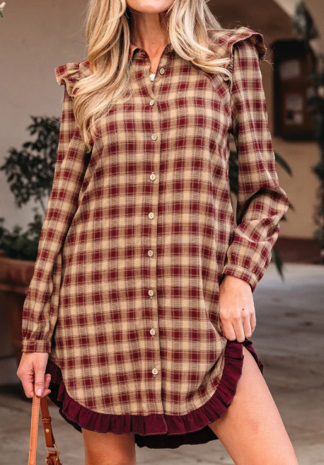 Maritsa Plaid Print Ruffled Long Sleeve Patchwork Hem Mini Shirt Dress