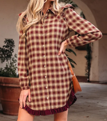 Maritsa Plaid Print Ruffled Long Sleeve Patchwork Hem Mini Shirt Dress