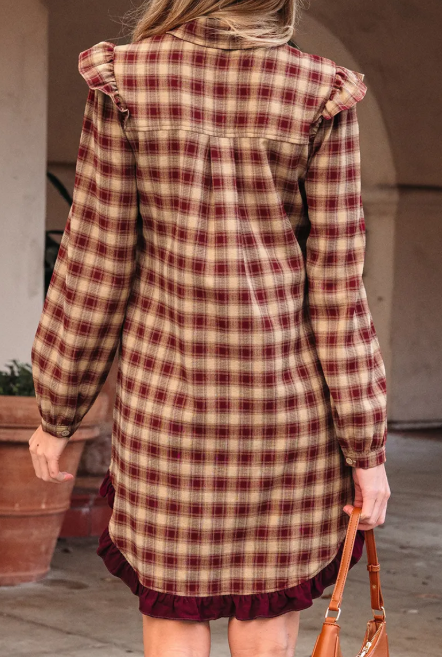 Maritsa Plaid Print Ruffled Long Sleeve Patchwork Hem Mini Shirt Dress