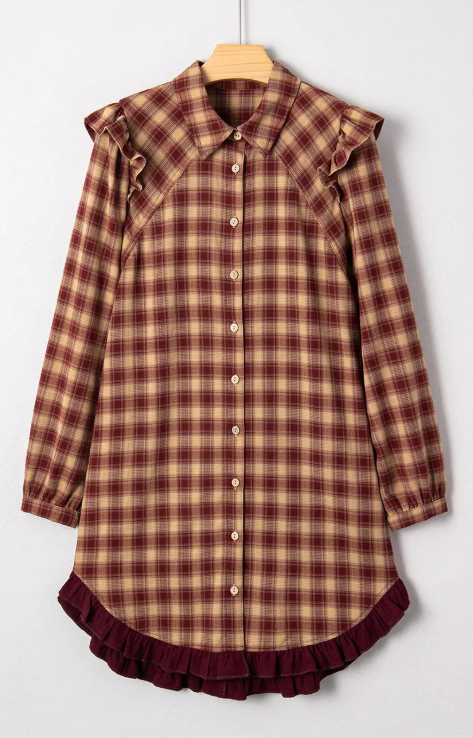 Maritsa Plaid Print Ruffled Long Sleeve Patchwork Hem Mini Shirt Dress