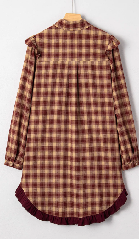 Maritsa Plaid Print Ruffled Long Sleeve Patchwork Hem Mini Shirt Dress