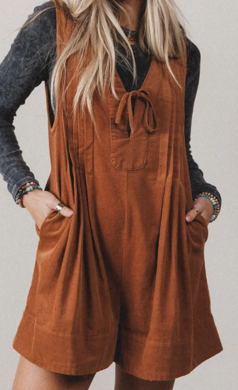 Tracie Tie V Neck Sleeveless Corduroy Romper