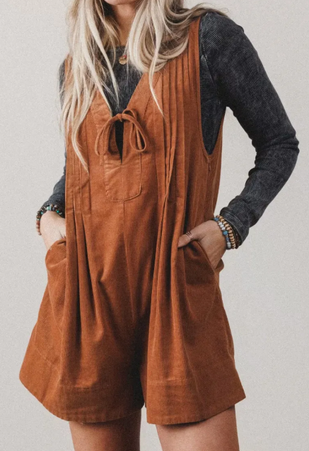 Tracie Tie V Neck Sleeveless Corduroy Romper