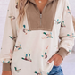 Kristy Beige Wild Mallard Print Color Block Patchwork Zip Neck Tunic Top